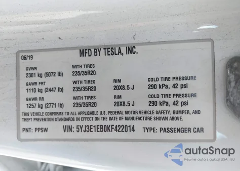 2019 Tesla Model 3 Long Range/Performance z USA, uszkodzony, nr VIN 5YJ3E1EB0KF422014